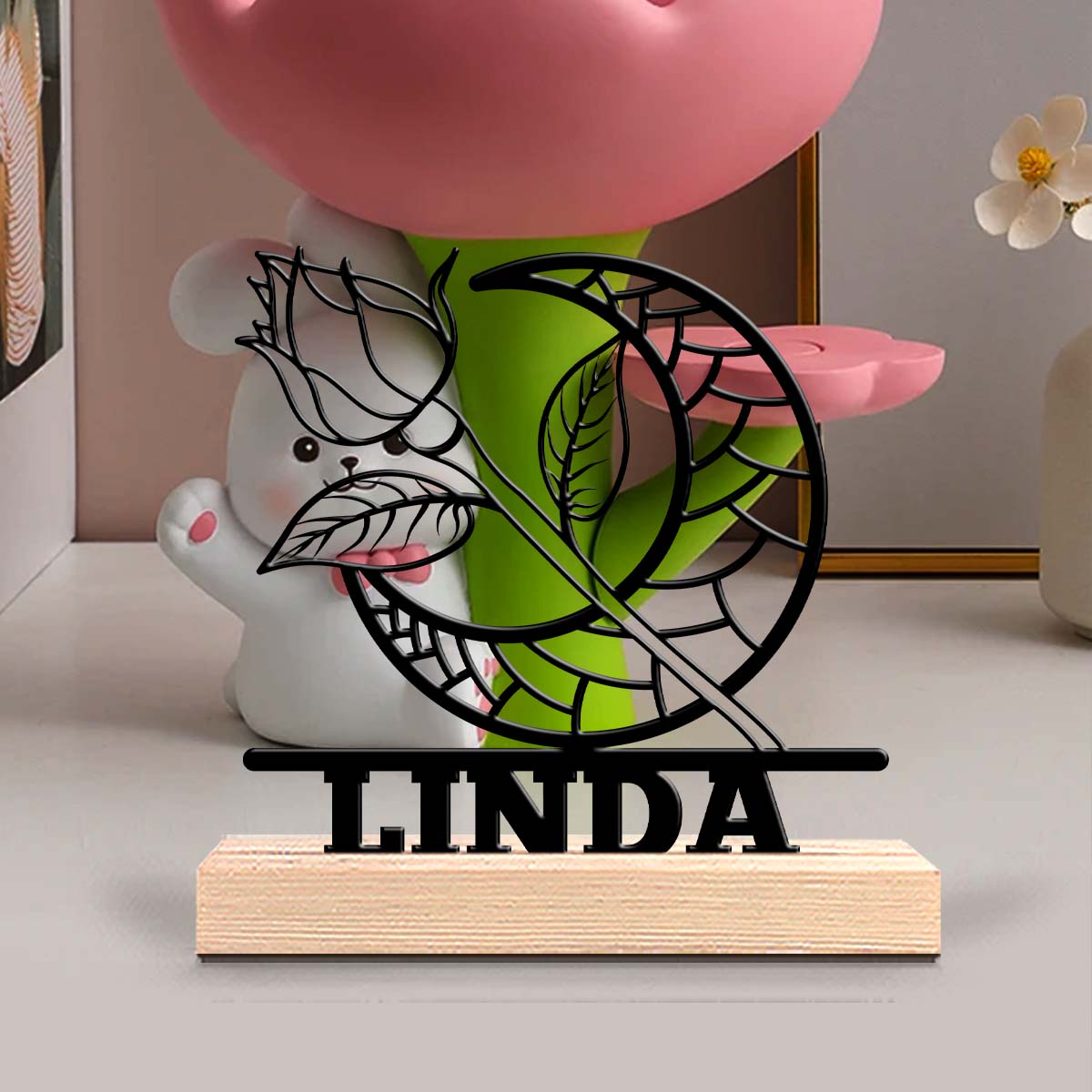 Home Office Decor - 1Pc Csutom Moon Rose Wooden Base